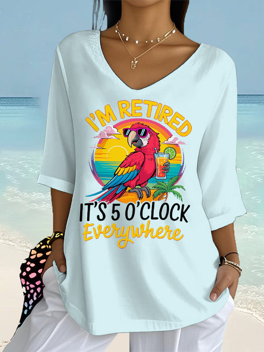 Women's I'm Retired It's 5 O'clock Everywhere Parrot Print Casual Half-Sleeve Top gracestitchs
