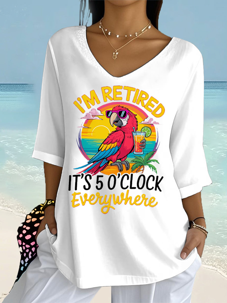 Women's I'm Retired It's 5 O'clock Everywhere Parrot Print Casual Half-Sleeve Top gracestitchs