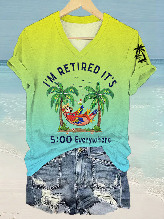 Women's I'm Retired It's 5 O'clock Everywhere Parrot Print Casual V-Neck Tee gracestitchs