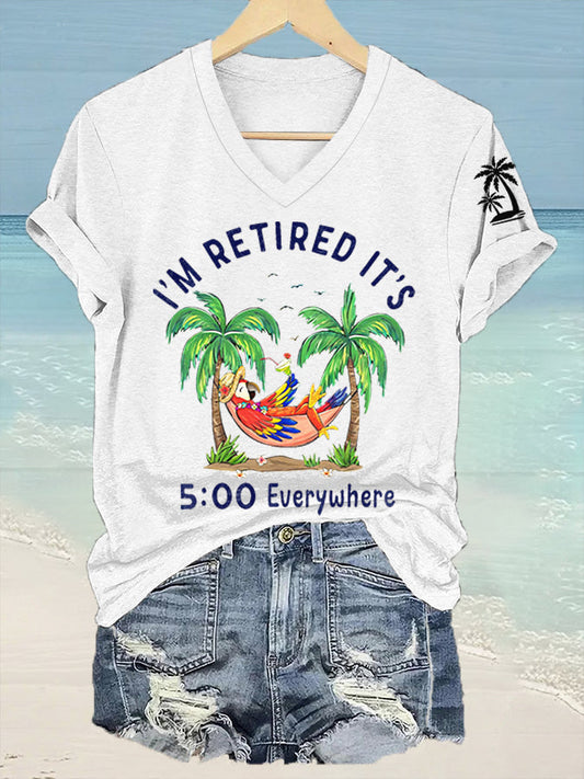 Women's I'm Retired It's 5 O'clock Everywhere Parrot Print Casual V-Neck Tee gracestitchs