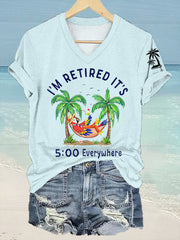Women's I'm Retired It's 5 O'clock Everywhere Parrot Print Casual V-Neck Tee gracestitchs