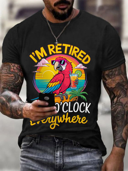 Men's I‘m Retired It‘s 5 O'clock Everywhere Parrot Print Casual Tee gracestitchs