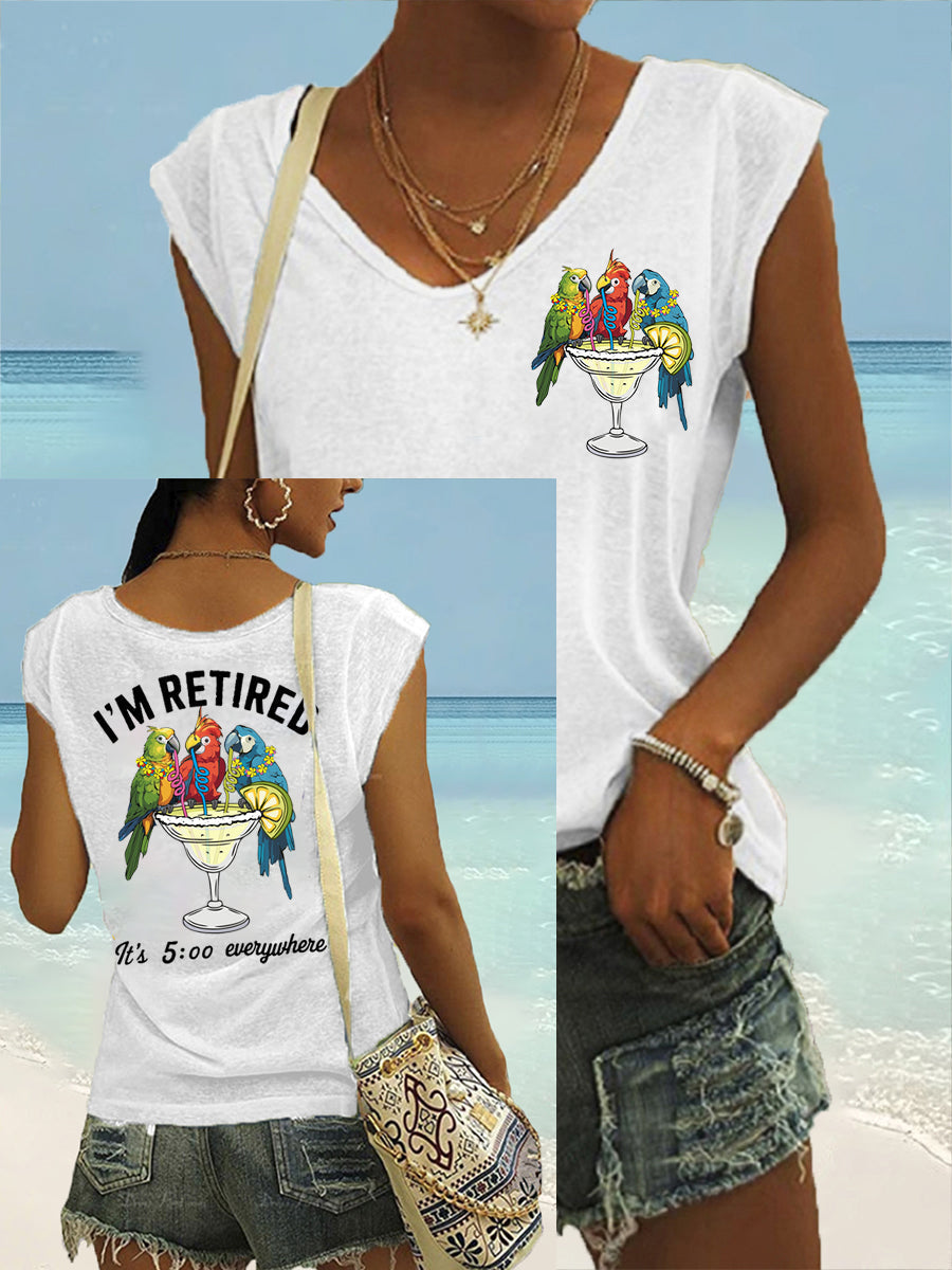 Women's I'm Retired It's 5 O'clock Everywhere Parrot Print Casual Sleeveless Tee gracestitchs