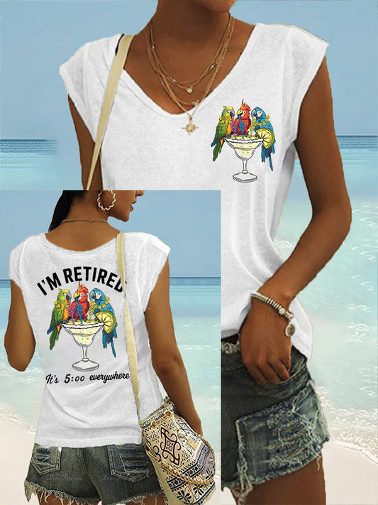 Women's I'm Retired It's 5 O'clock Everywhere Parrot Print Casual Sleeveless Tee gracestitchs
