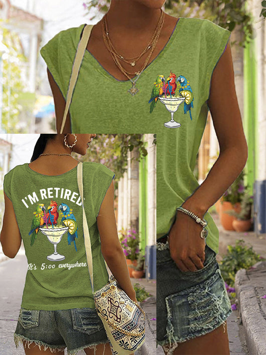 Women's I'm Retired It's 5 O'clock Everywhere Parrot Print Casual Sleeveless Tee gracestitchs