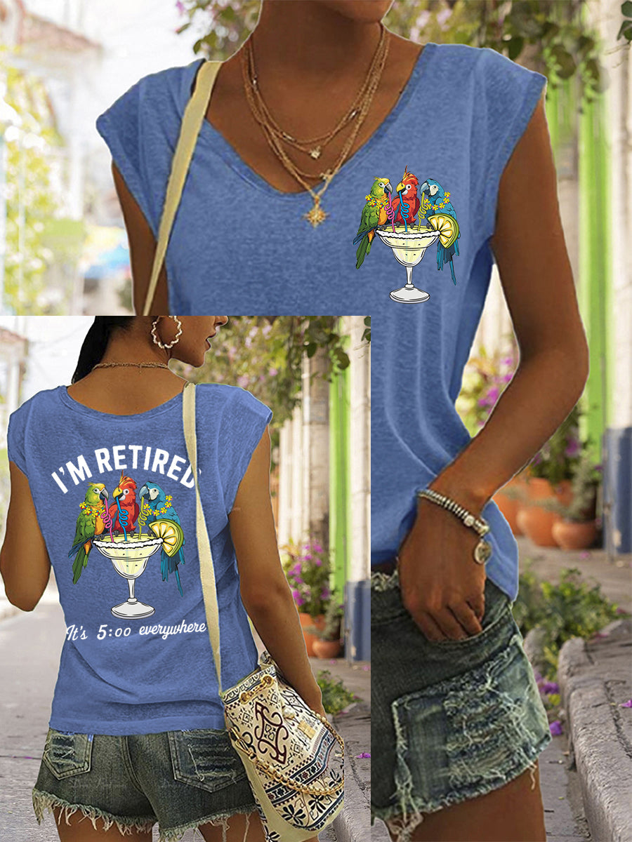 Women's I'm Retired It's 5 O'clock Everywhere Parrot Print Casual Sleeveless Tee gracestitchs