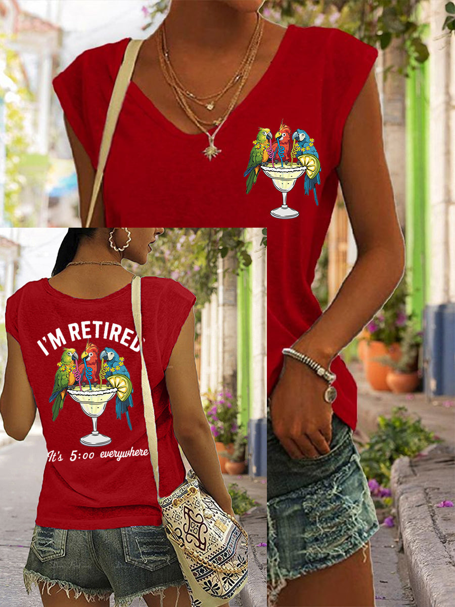 Women's I'm Retired It's 5 O'clock Everywhere Parrot Print Casual Sleeveless Tee gracestitchs