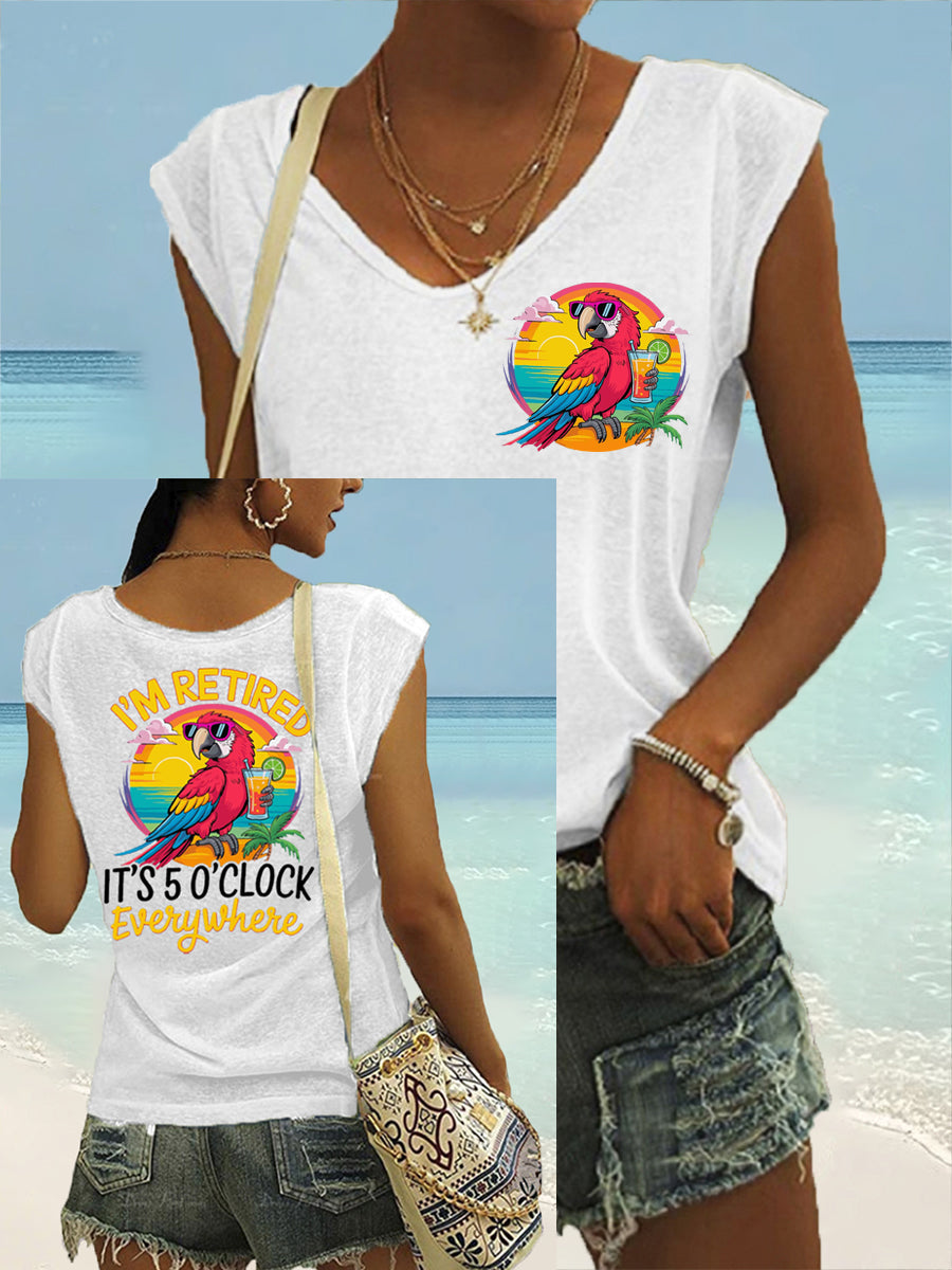 Women's I'm Retired It's 5 O'clock Everywhere Parrot Print Casual Sleeveless T-Shirt gracestitchs