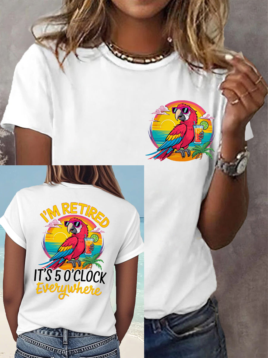Women's I'm Retired It's 5 O'clock Everywhere Parrot Print Casual Tee gracestitchs
