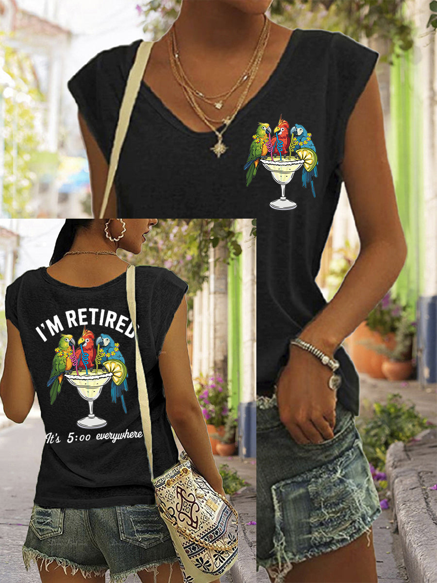 Women's I'm Retired It's 5 O'clock Everywhere Parrot Print Casual Sleeveless Tee gracestitchs