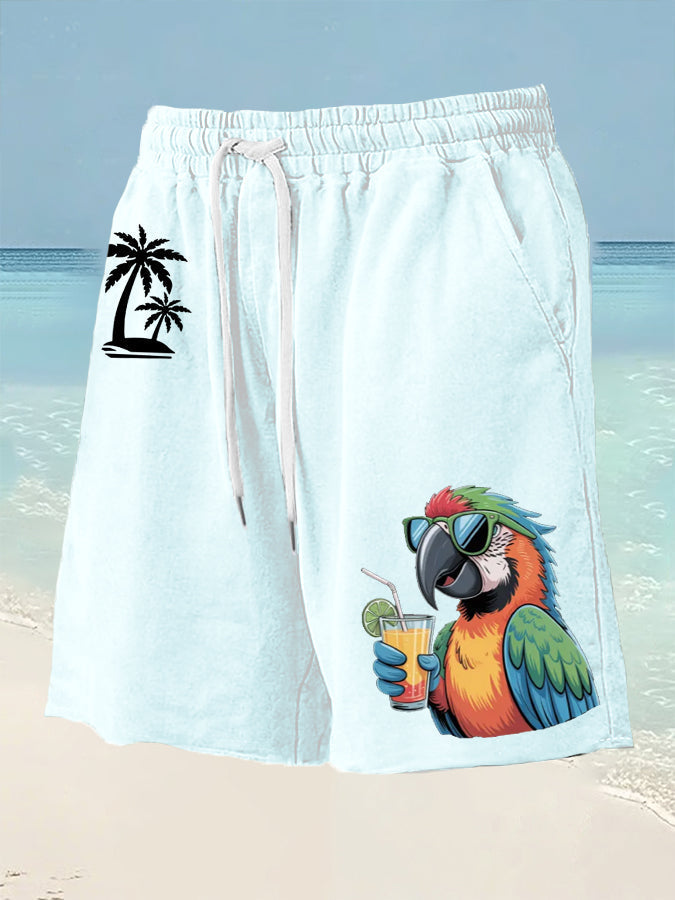 Men's It's 5 O'clock Somewhere Parrot Palm Print Casual Shorts gracestitchs