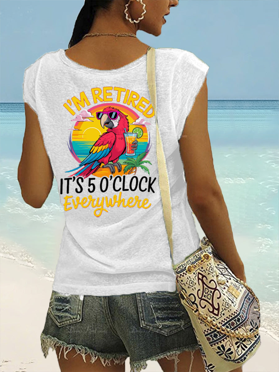 Women's I'm Retired It's 5 O'clock Everywhere Parrot Print Casual Sleeveless T-Shirt gracestitchs