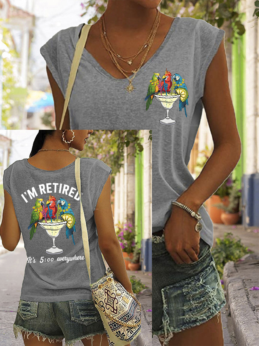 Women's I'm Retired It's 5 O'clock Everywhere Parrot Print Casual Sleeveless Tee gracestitchs