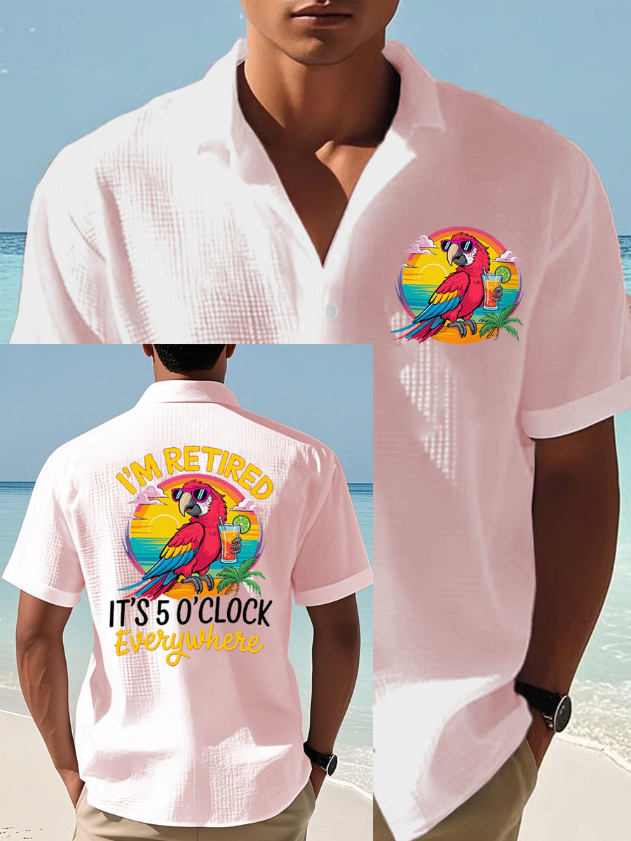 Men's I'm Retired It's 5 O'clock Everywhere Parrot Print Casual Waffle Short-Sleeve Top gracestitchs
