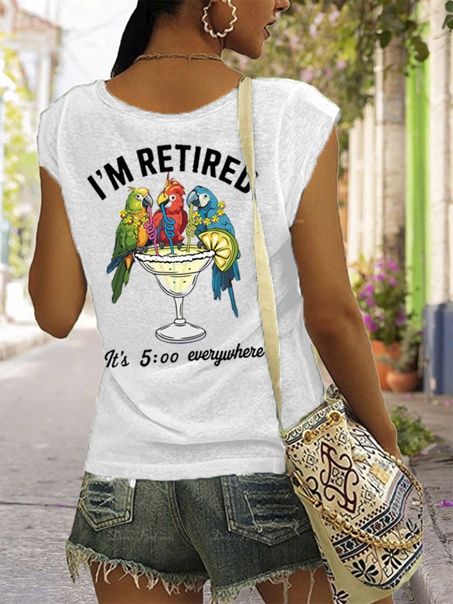 Women's I'm Retired It's 5 O'clock Everywhere Parrot Print Casual Sleeveless Tee gracestitchs