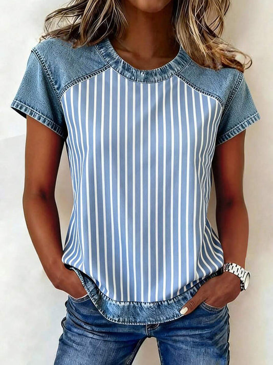 Women's Striped Print Denim Patchwork Top gracestitchs