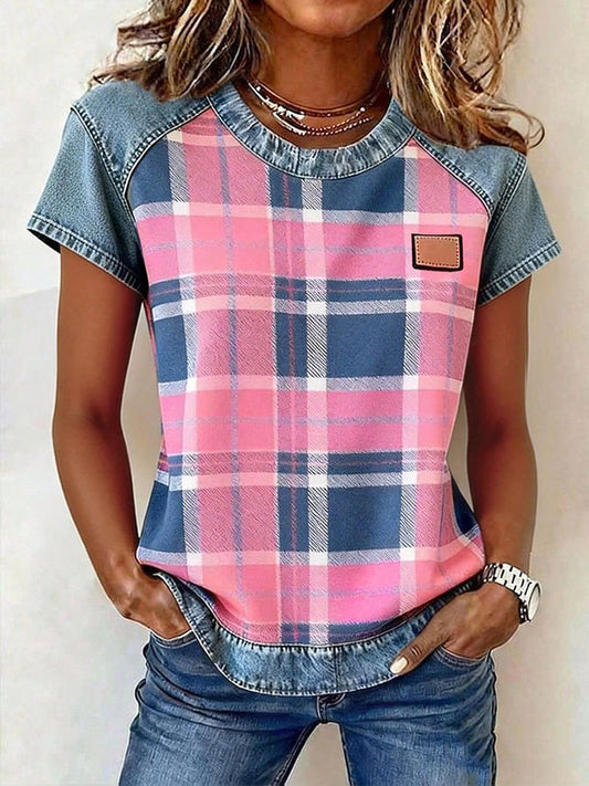 Women's Plaid Print Denim Patchwork Top gracestitchs