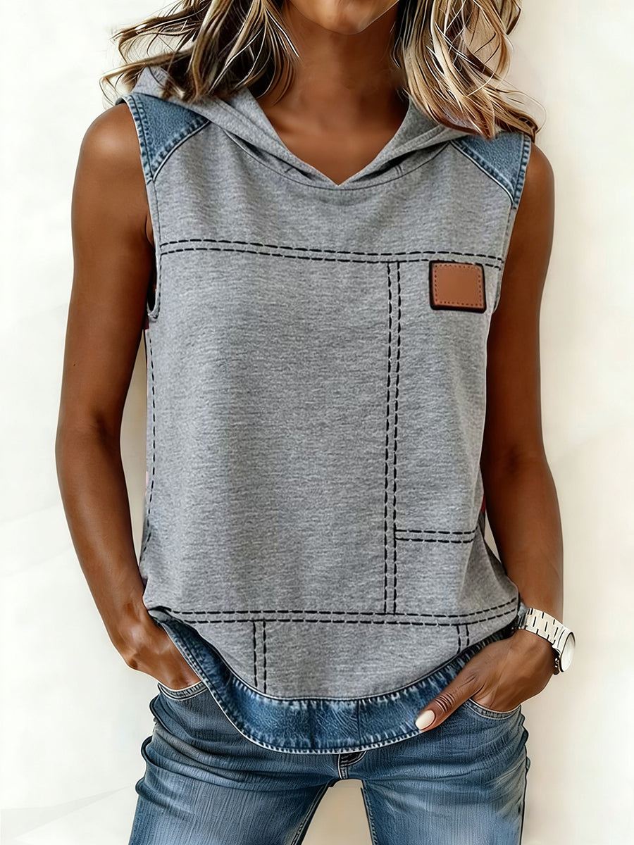 Women's Simple Denim Patchwork Hooded Top gracestitchs