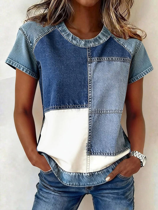 Women's Simple Denim Patchwork Top gracestitchs