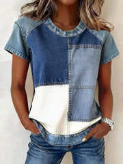 Women's Simple Denim Patchwork Top gracestitchs