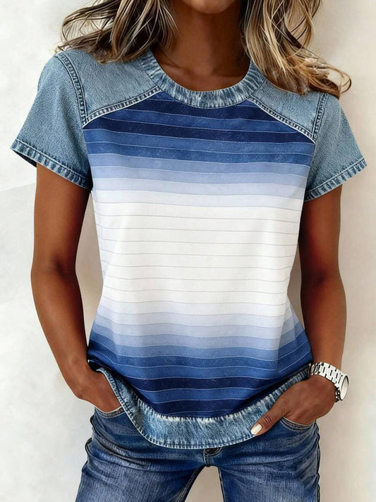 Women's Gradient Striped Print Denim Patchwork Top gracestitchs