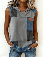 Women's Simple Denim Patchwork Hooded Top gracestitchs