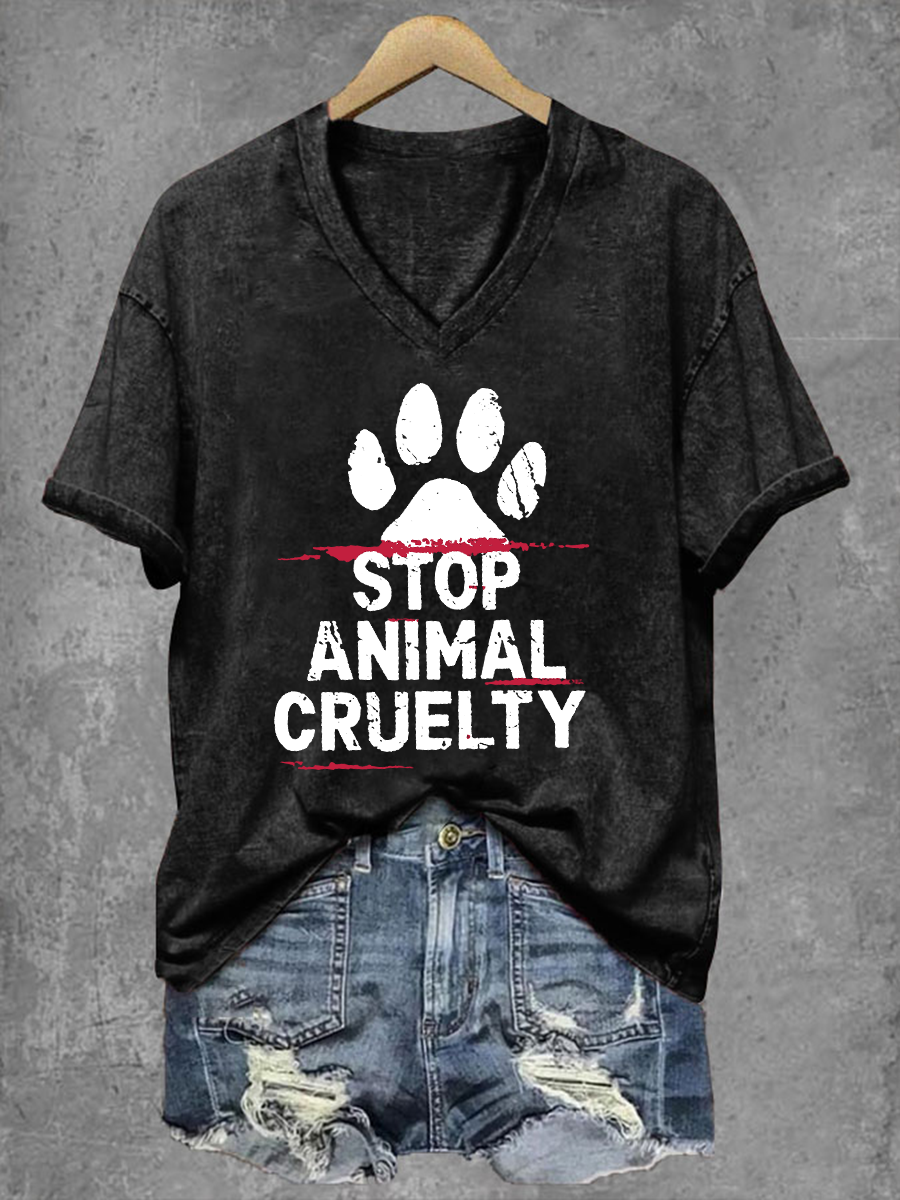 Women's Stop Animal Cruelty Print V-Neck T-Shirt gracestitchs