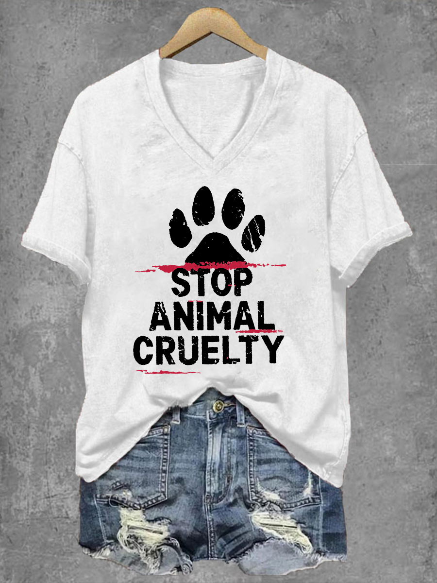 Women's Stop Animal Cruelty Print V-Neck T-Shirt gracestitchs