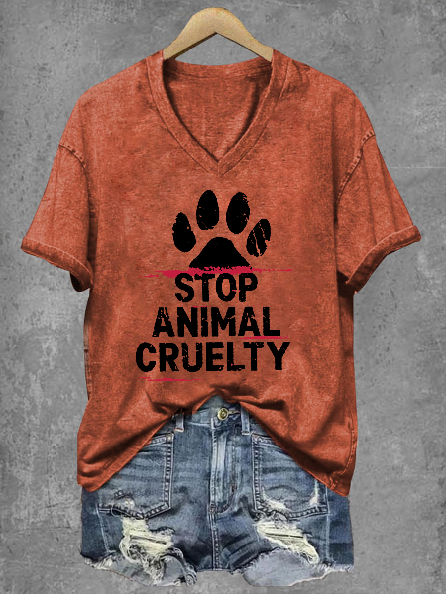 Women's Stop Animal Cruelty Print V-Neck T-Shirt gracestitchs
