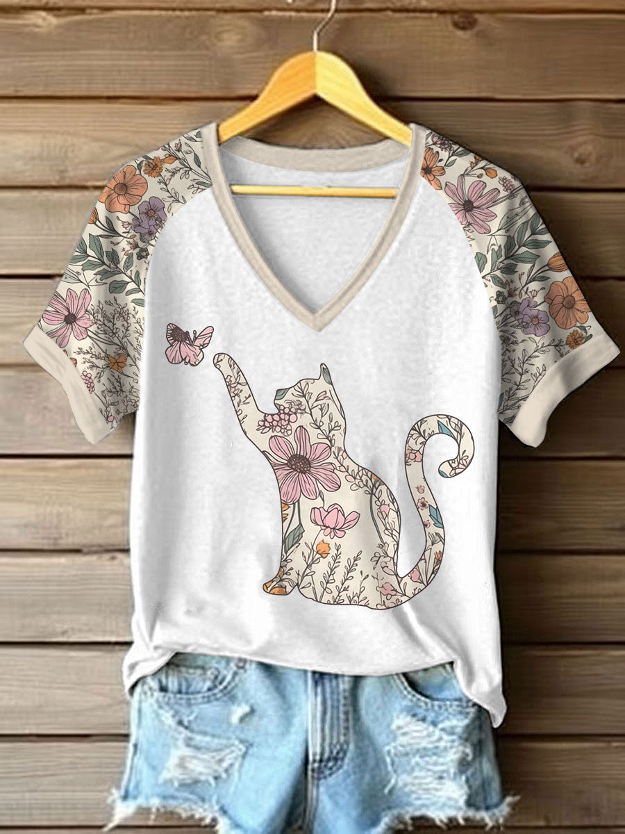 Women's Wildflowers Cat Print Casual T-Shirt gracestitchs