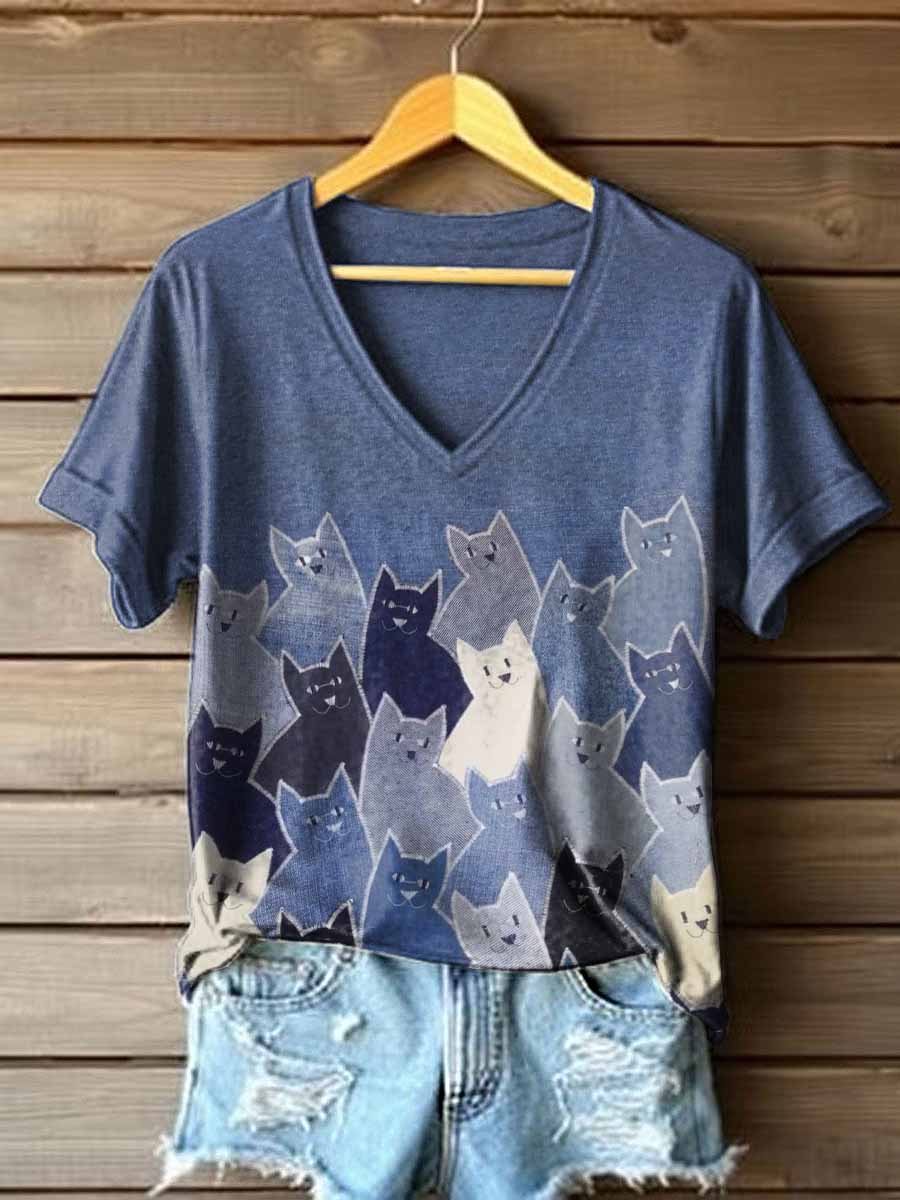 Women's Cute Cat Patchwork V-Neck T-Shirt gracestitchs