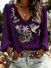 Women's Purple Flora Art V-Neck Long Sleeve Top gracestitchs