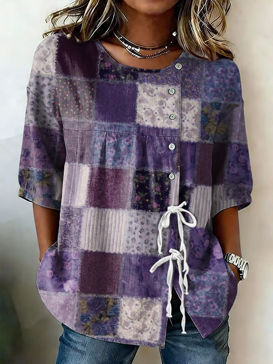 Women's Purple Flora Art Buttoned And Linen Blend Shirt gracestitchs