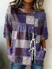 Women's Purple Flora Art Buttoned And Linen Blend Shirt gracestitchs