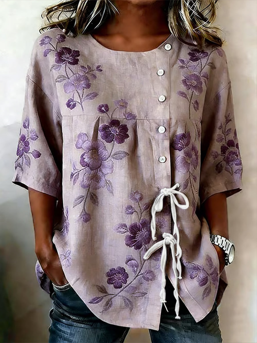 Women's Purple Flora Art Buttoned And Linen Blend Shirt gracestitchs