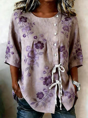Women's Purple Flora Art Buttoned And Linen Blend Shirt gracestitchs