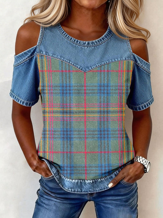 Women's Vintage Plaid Pattern Denim Patchwork Top gracestitchs