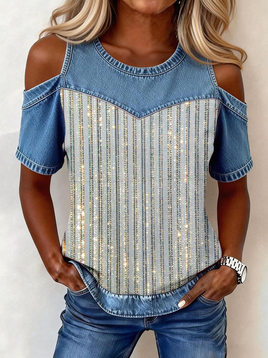 Women's Shiny Striped Pattern Denim Patchwork Top gracestitchs