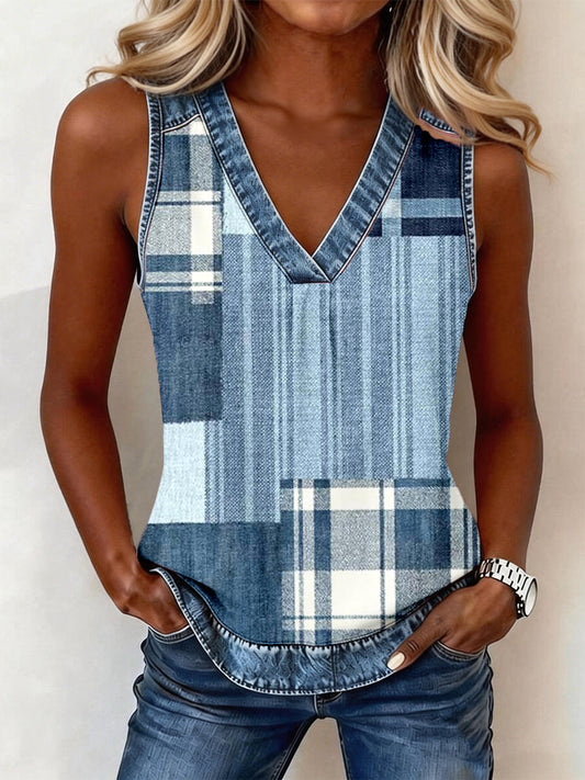Women's Denim Patchwork V-Neck Top gracestitchs