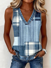 Women's Denim Patchwork V-Neck Top gracestitchs