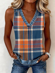 Women's Vintage Plaid Print Denim Patchwork V-Neck Top gracestitchs