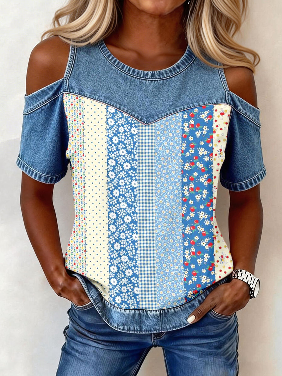 Women's Elegant Floral Pattern Denim Patchwork Top gracestitchs