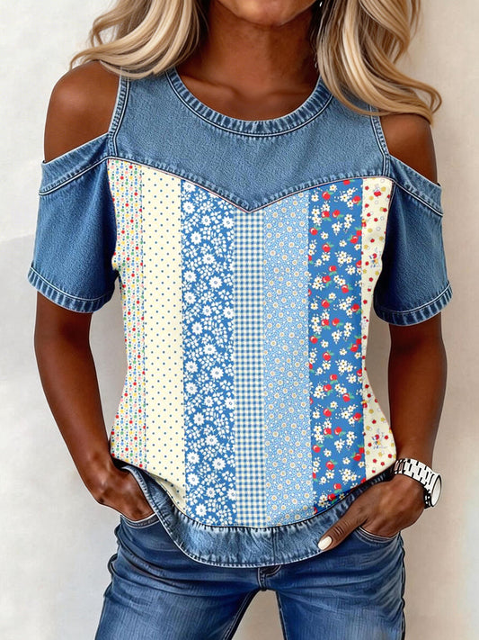 Women's Elegant Floral Pattern Denim Patchwork Top gracestitchs