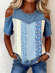 Women's Elegant Floral Pattern Denim Patchwork Top gracestitchs