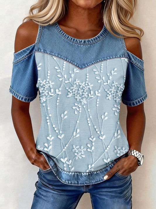 Women's Elegant Floral Pattern Denim Patchwork Top gracestitchs