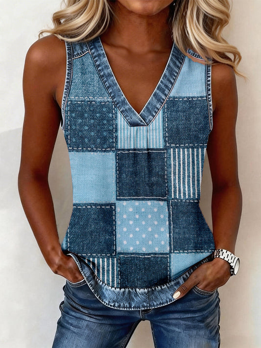Women's Denim Patchwork V-Neck Top gracestitchs