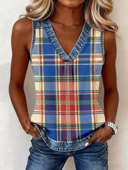 Women's Vintage Plaid Print Denim Patchwork V-Neck Top gracestitchs