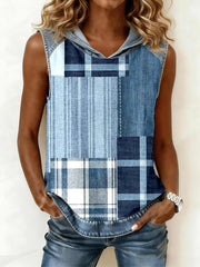 Women's Blue Plaid Pattern Denim Patchwork Hooded Top gracestitchs