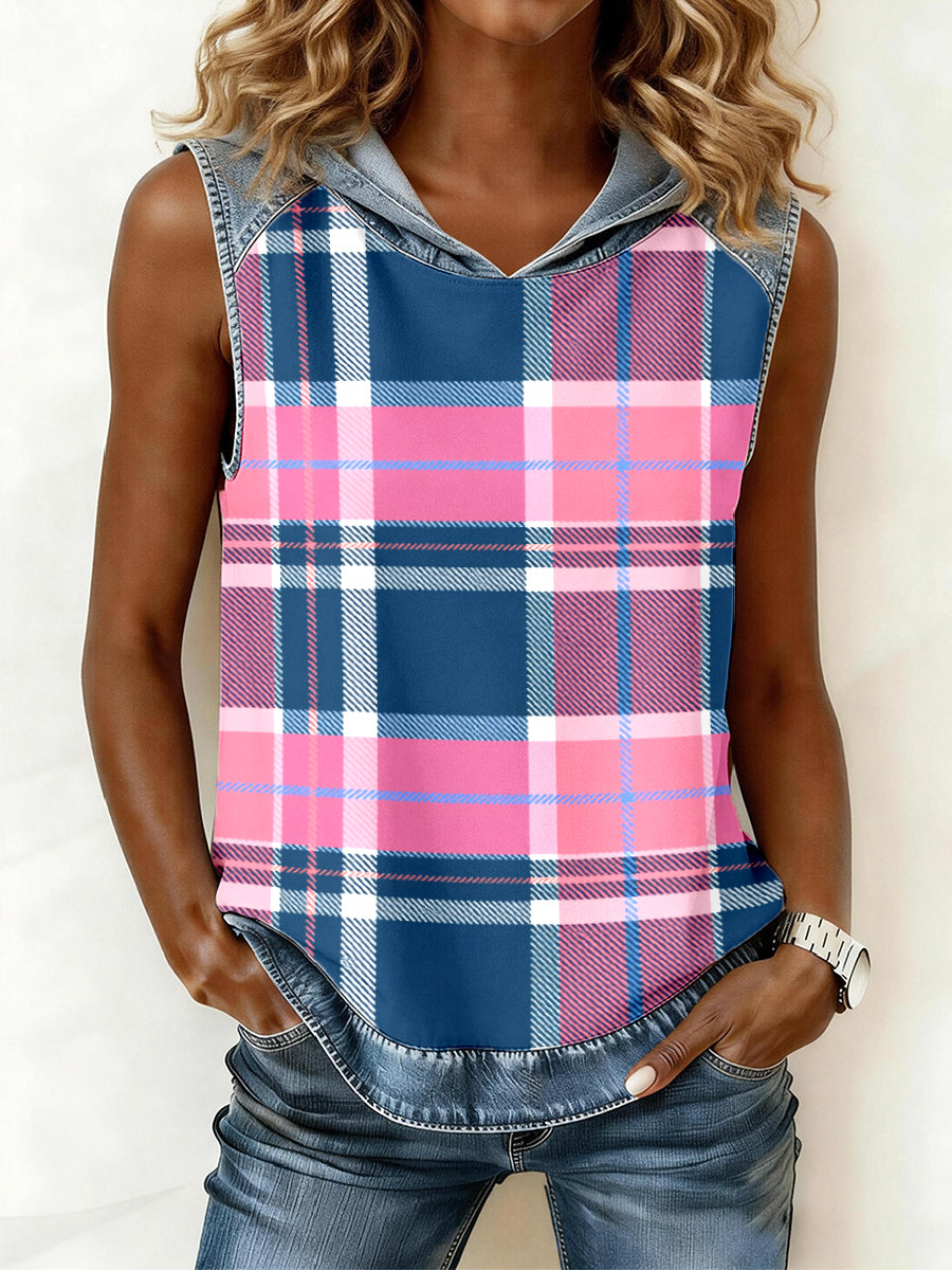 Women's Plaid Print Denim Patchwork Hooded Top gracestitchs