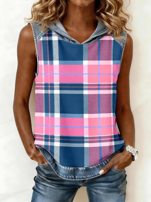Women's Plaid Print Denim Patchwork Hooded Top gracestitchs